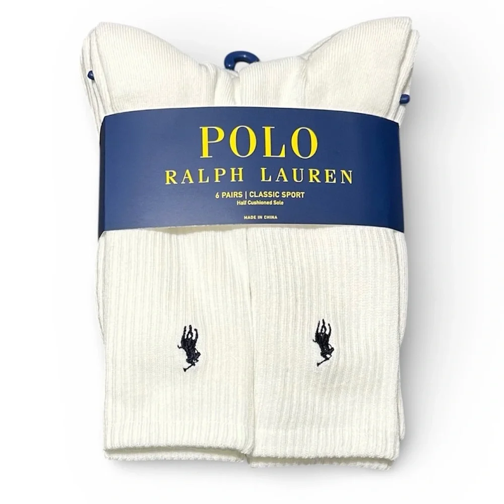 Polo Ralph Lauren Classic Sport 6-Pair Crew Socks White with Blue Polo Pony